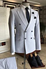 Light Blue Double Breasted Peaked Lapel Prom Suit