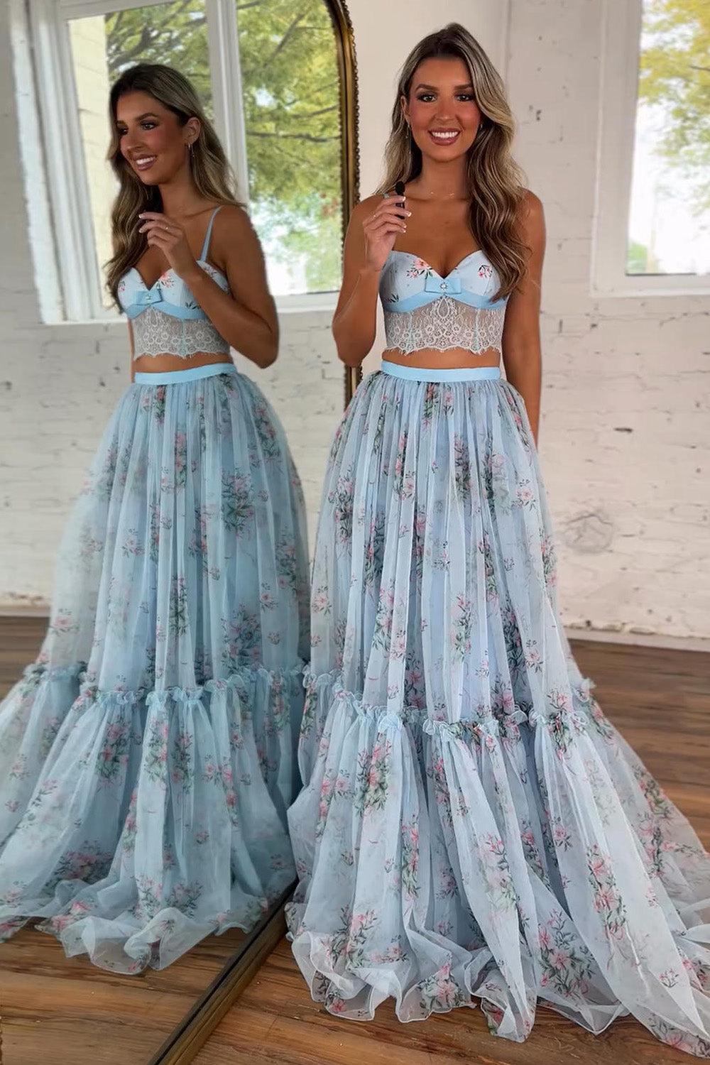 Light Blue Floral Two-Piece Prom Dress With Lace Crop Top & Tiered Tulle Skirt Formal Evening Gown