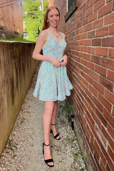 Light Blue Homecoming Dresses A-Line Backless Sequin Cocktail Dresses