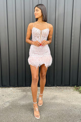 Light Blue Homecoming Dresses Corset Lace Tight Short Cocktail Dresses with Feathers