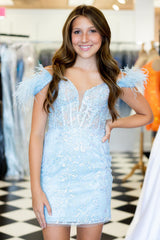 Light Blue Homecoming Dresses Corset Lace Tight Short Cocktail Dresses with Feathers
