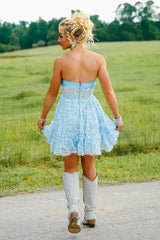 Light Blue Homecoming Dresses Lace Short Corset Cocktail Dresses With Bow