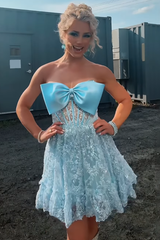 Light Blue Homecoming Dresses Lace Short Corset Cocktail Dresses With Bow