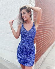 Light Blue Homecoming Dresses V-Neck Tight Sequin Short Cocktail Dresses