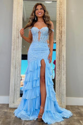 Light Blue Off Shoulder Prom Dress With Lace Up Back Ruffles And Appliques Formal Evening Gown