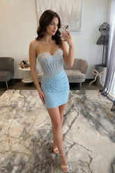 Light Blue Pearl-Embellished Ruched Corset Homecoming Dress
