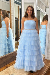 Light Blue Prom Dress Beaded Tiered Strapless Long Tulle Evening Dress