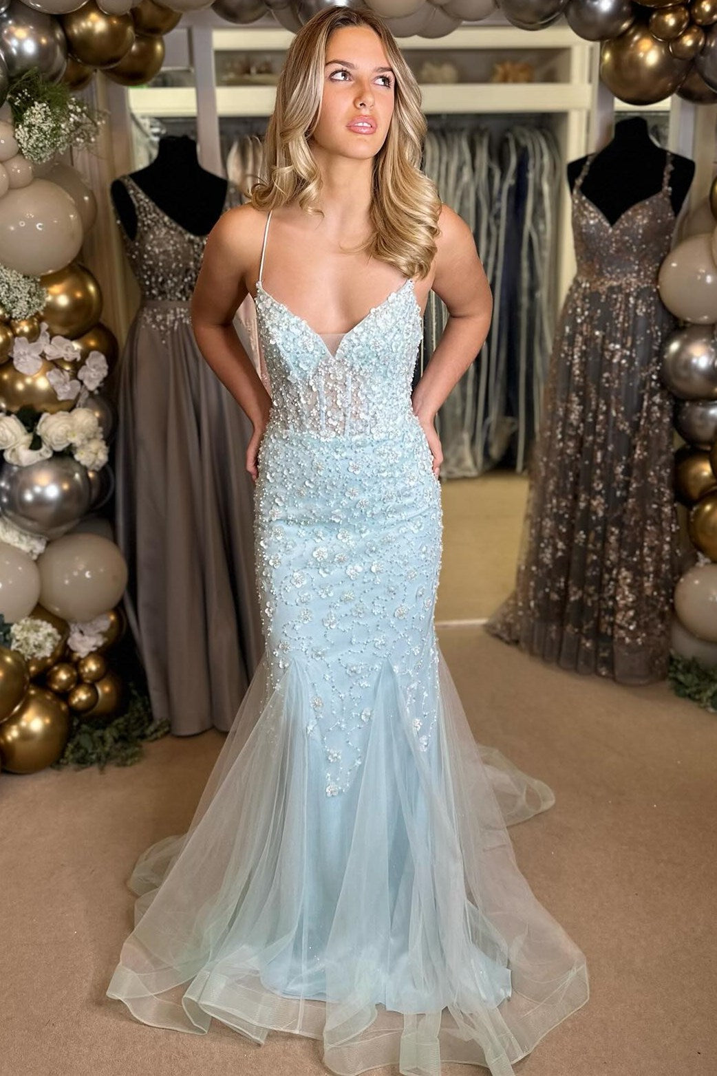 Light Blue Prom Dress Floral Delicate Appliques V Neck Party Cocktail Dress