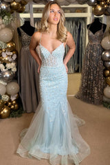 Light Blue Prom Dress Floral Delicate Appliques V Neck Party Cocktail Dress