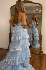 Light Blue Prom Dress Halter Backless Lace Tiered Long Evening Dress with Slit