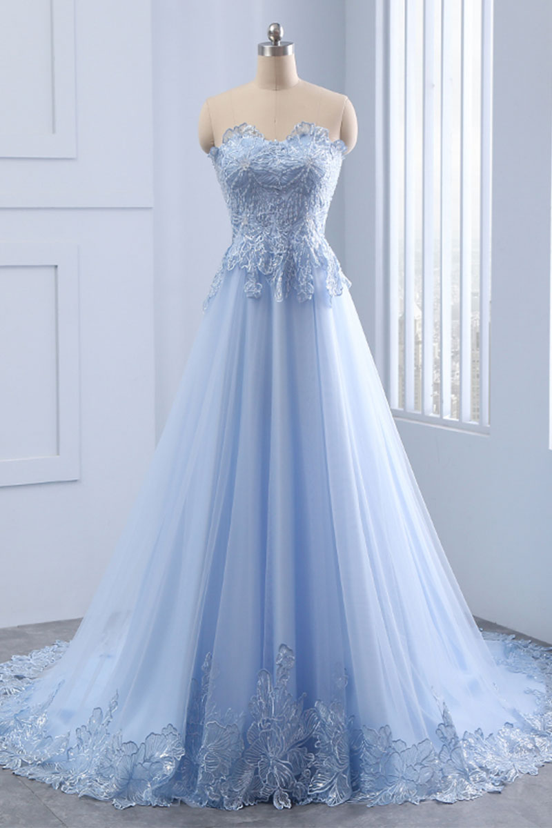 Light Blue Prom Dress Lace Tulle Long Formal Evening Dress