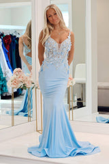 Light Blue Prom Dress Mermaid Long Evening Dress With Appliques