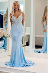 Light Blue Prom Dress Mermaid Long Evening Dress With Appliques