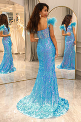 Light Blue Prom Dress Mermaid Long Evening Dress with feathers