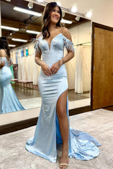 Light Blue Prom Dress Sequined Mermaid Long Evening Dress with Feathers