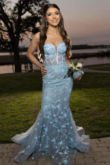 Light Blue Prom Dress Strapless Long Evening Dress With Appliques