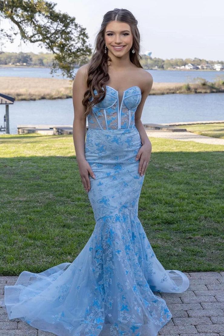 Light Blue Prom Dress Strapless Long Evening Dress With Appliques