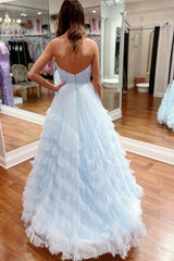 Light Blue Prom Dress Strapless Ruffle Long Evening Dress
