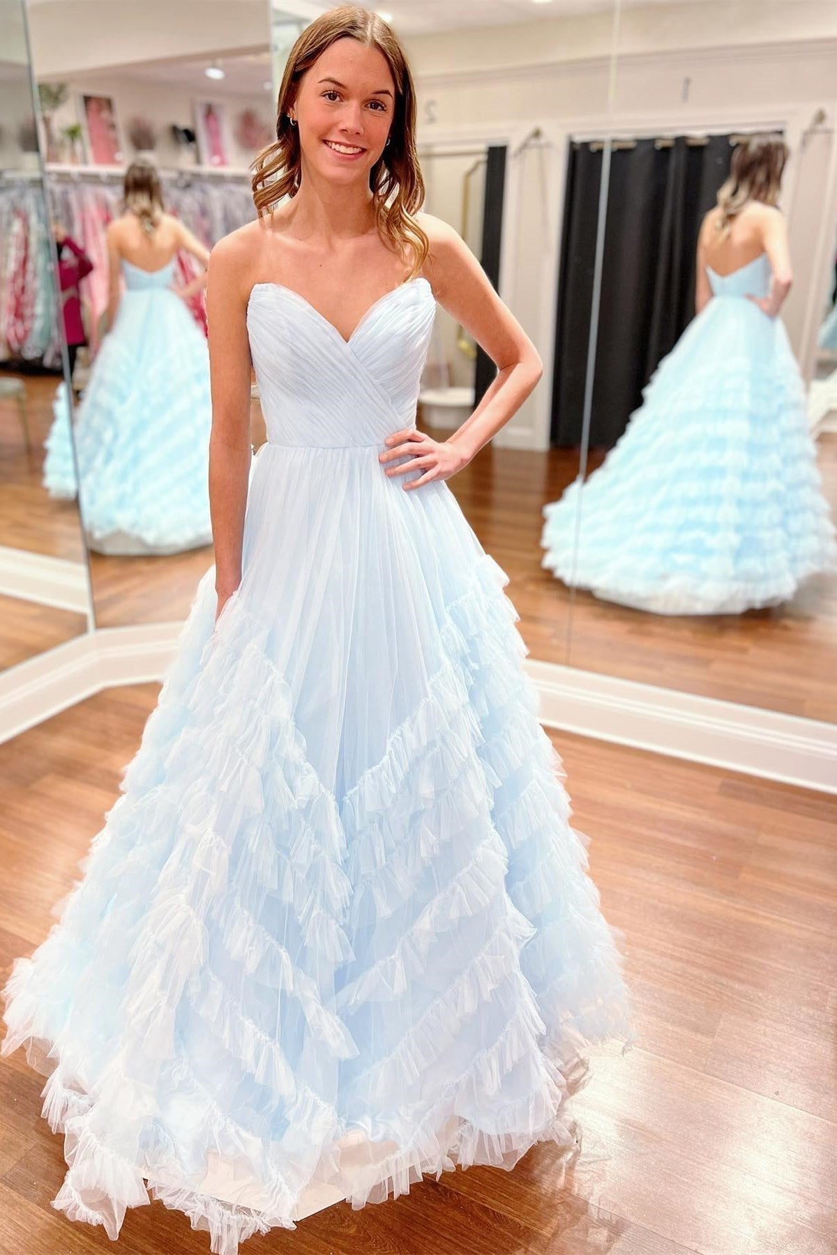 Light Blue Prom Dress Strapless Ruffle Long Evening Dress