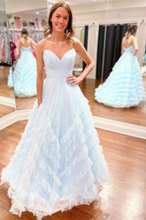 Light Blue Prom Dress Strapless Ruffle Long Evening Dress