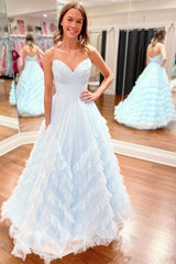 Light Blue Prom Dress Strapless Ruffle Long Evening Dress