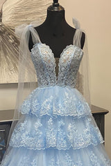 Blue Ruffled Tiered Lace A Line Long Prom Dress