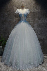 Light Blue Prom Dress Tulle Long Evening Dress