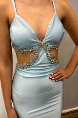 Light Blue Prom Dress V Neck Cutout Rhinestone Mermaid Long Evening Dress