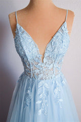 Light Blue Prom Dress V Neck Lace Up Appliques Tulle Long Evening Dress