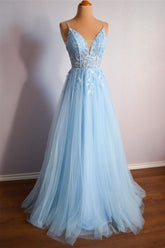 Light Blue Prom Dress V Neck Lace Up Appliques Tulle Long Evening Dress