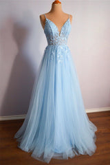 Light Blue Prom Dress V Neck Lace Up Appliques Tulle Long Evening Dress