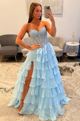Light Blue Sweetheart Corset Prom Dress With Tiered Ruffles And High Slit Formal Evening Gown