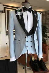 Light Blue Three Piece Close Fitting Peaked Lapel Prom Suit