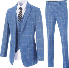 Light Blue Three Piece Notched Lapel Business Suit for Men