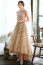 Light Champagne Prom Dress Lace Satin Evening Dress