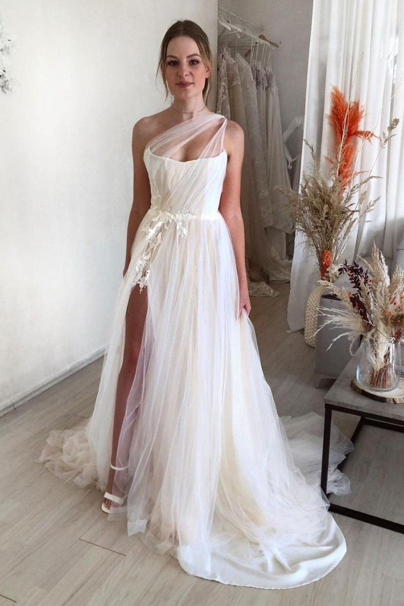 Light Champagne Prom Dress One Shoulder Lace Tulle Long Formal Evening Dress