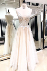 Light Champagne Prom Dress Sweetheart Neck Tulle Lace Long Formal Gown Evening Dress