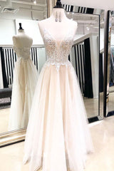 Light Champagne Prom Dress Sweetheart Neck Tulle Lace Long Formal Gown Evening Dress