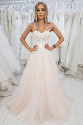 Light Champagne Prom Dress Tulle Lace Long Formal Evening Dress
