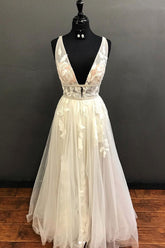 Light Champagne Prom Dress Tulle Lace Long Formal Evening Dress