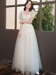 Light Champagne Prom Dress Tulle Lace Long Formal Gown Evening Dress