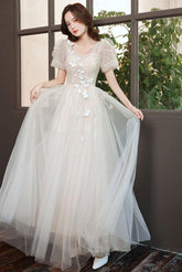 Light Champagne Prom Dress Tulle Lace Long Formal Gown Evening Dress