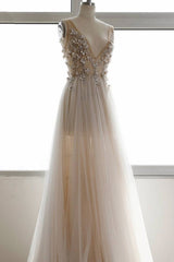 Light Champagne Prom Dress V Neck Tulle Lace Long Evening Gown Evening Dress
