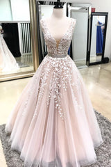 Light Champagne Prom Dress V Neck Tulle Lace Long Formal Gown Evening Dress