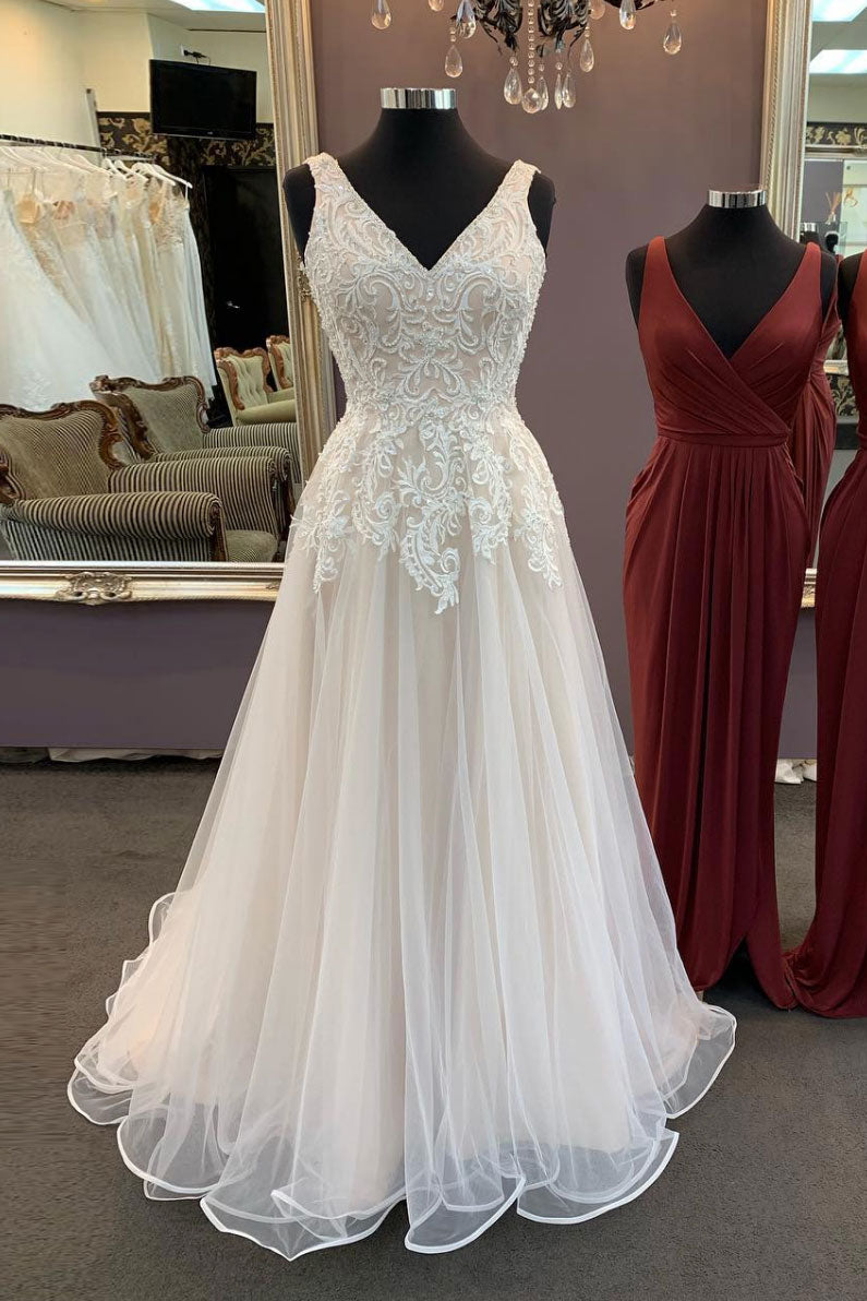 Light Champagne Prom Dress V Neck Tulle Long Formal Gown Evening Dress