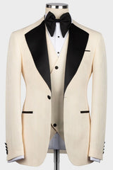 Light Champagne Three Piece Wedding Suit with Black Notched Lapel