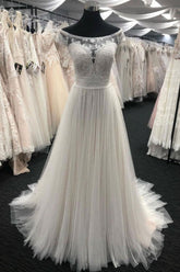Light Champagne Wedding Dress Tulle Lace Long Bridal Gown