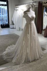 Light Champagne Wedding Dress Tulle Lace Long Off the Shoulder Bridal Gown