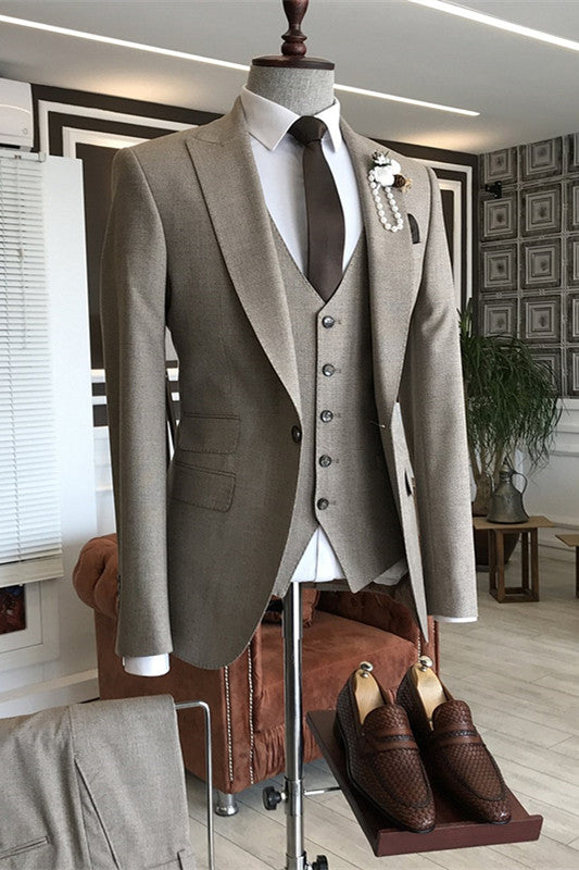 Light Coffee Peaked Lapel 3 Piece Formal Business Suit