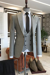 Light Gray Peaked Lapel 3 Piece Slim Business Suit